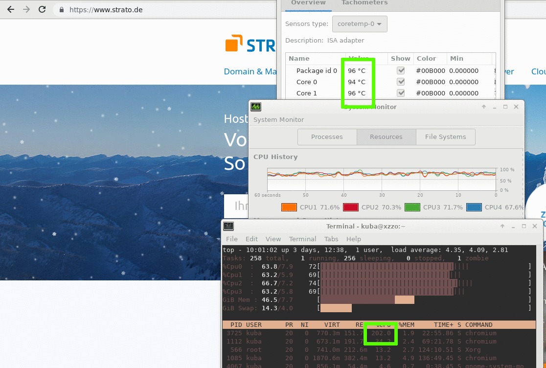 animated GIF of the christmassy Strato home page with snow and some cpu temperature stats