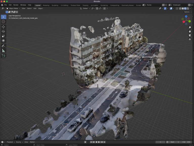 Screenshot of 3D software, shows a photogrammetry model of a streetscape.