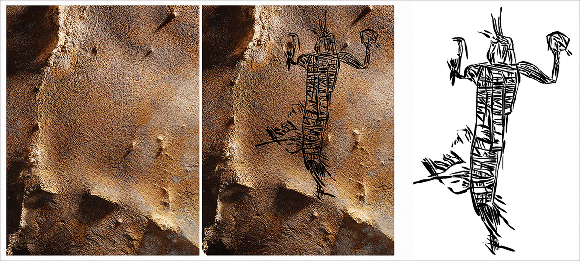 Three images: Left: photography of a stone in a cave, presumably. There are very faint marks. Right: a drawing of a humanoid figure. Center: both overlaid, now you can see how the faint markings maybe, somehow could be identified, but probably not.