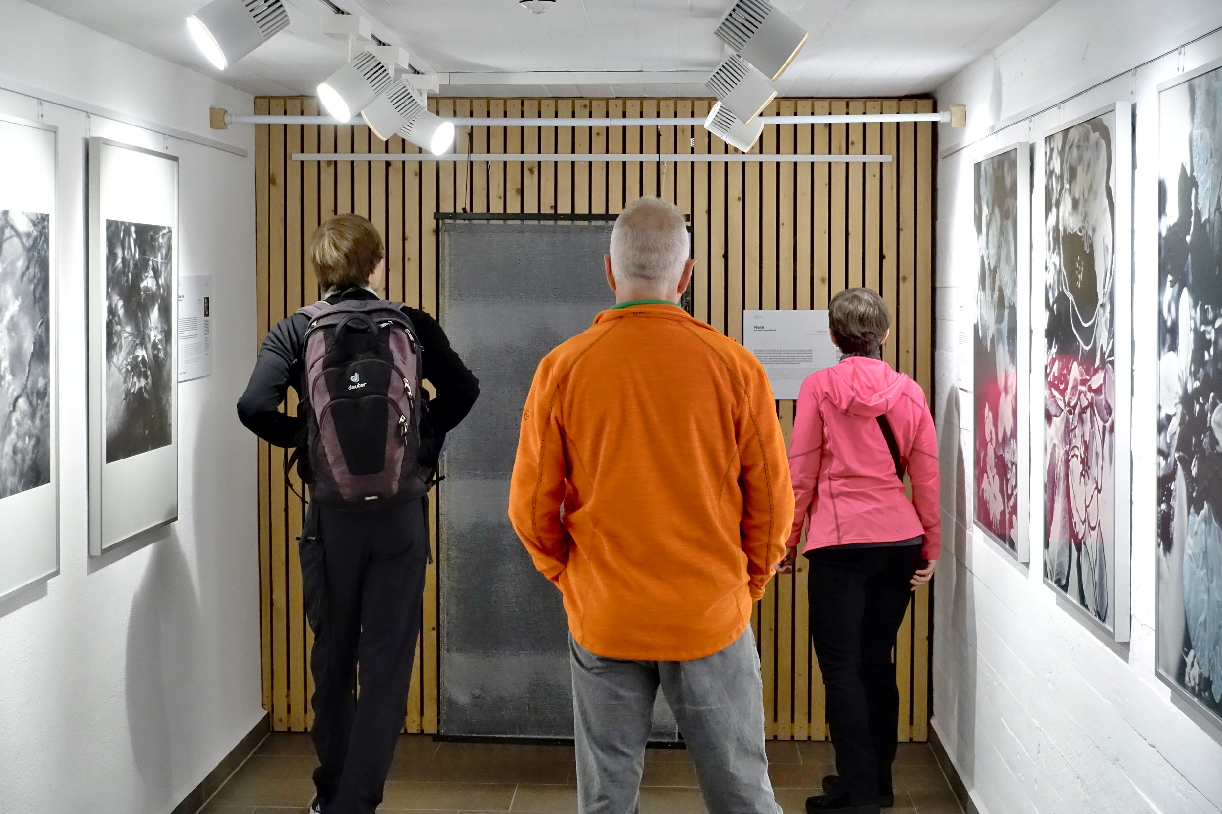 three visitors take in the artwork. we see their backs - one black-clad svelte silhouette, an elderly couple in vibrant sweaters, him orange, her pink.