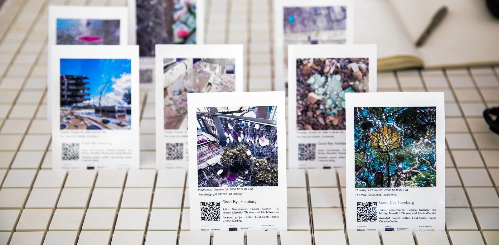 photo: polaroid-like cards with neurally transformed images, QR codes, and technical information. The transformed pictures look like fantasy/scifi-ish nature.
